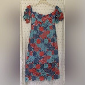 NWT Flirty Off Shoulder Lace Dress Pink Blue Lined Midi Shift Floral
